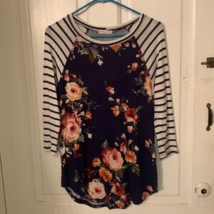 Women’s Navy Floral Shirt with Black and White 3/4 Sleeves. Size small.